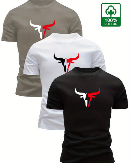 3pcs Men's 100% Cotton Graphic T-Shirts - Bold Bull Head & Letter Print, Slim Fit Short Sleeve Round Neck Tees for Summer Casual Wear, Breathable & Machine Washable, Everyday Comfort | Durable Fabric - SeviSa