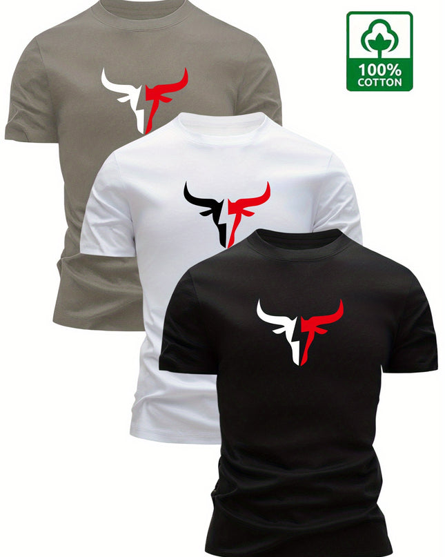 3pcs Men's 100% Cotton Graphic T-Shirts - Bold Bull Head & Letter Print, Slim Fit Short Sleeve Round Neck Tees for Summer Casual Wear, Breathable & Machine Washable, Everyday Comfort | Durable Fabric - SeviSa