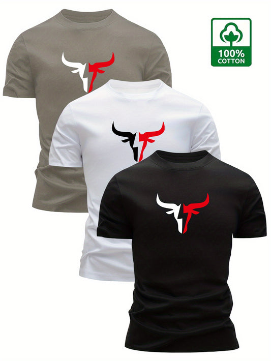 3pcs Men's 100% Cotton Graphic T-Shirts - Bold Bull Head & Letter Print, Slim Fit Short Sleeve Round Neck Tees for Summer Casual Wear, Breathable & Machine Washable, Everyday Comfort | Durable Fabric - SeviSa