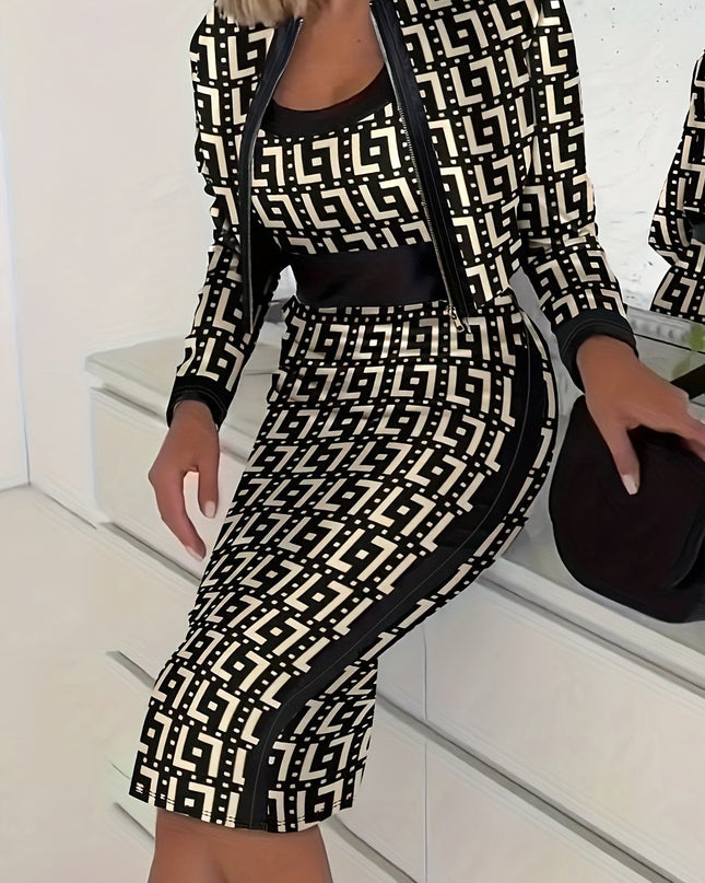 Women'S Geometric Print Zip-Up Jacket and Dress Set - Navy Blue and Yellow, Knit Polyester, Long Sleeve, Zipper Front, All-Season Wear, Stylish Office Attire, Office Attire|Geometric Print|Zippered Jacket
