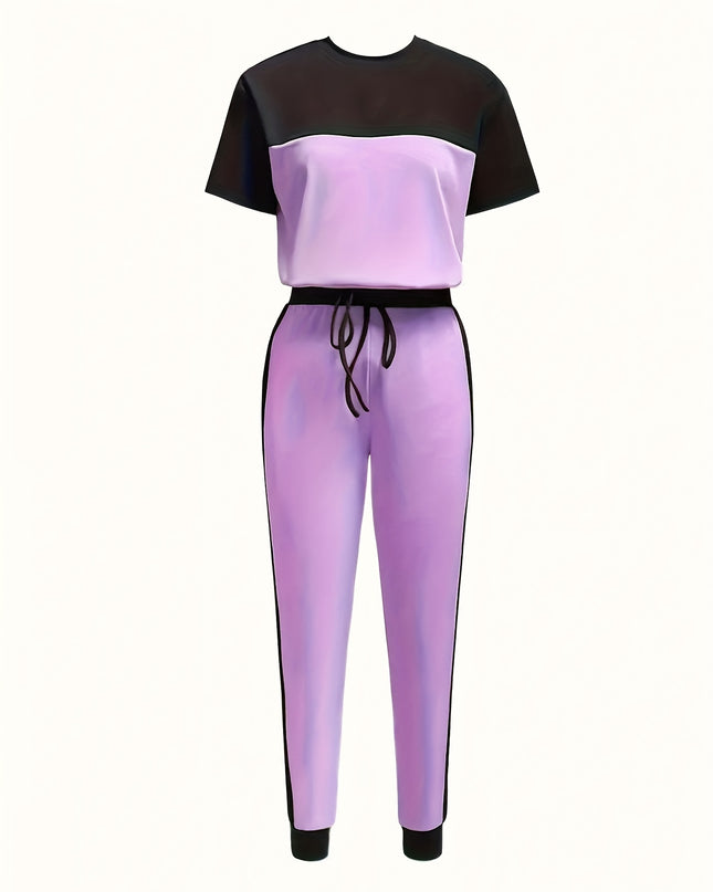 Casual Color Block Short Sleeve Round Neck T-Shirt and Long Pants Two-Piece Set