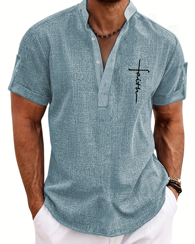 Men's Letter Print "FAITH" Short Sleeve Stand Collar Henley Shirt, Casual And Chic Tops For Summer Business And Outdoors Leisurewear - SeviSa