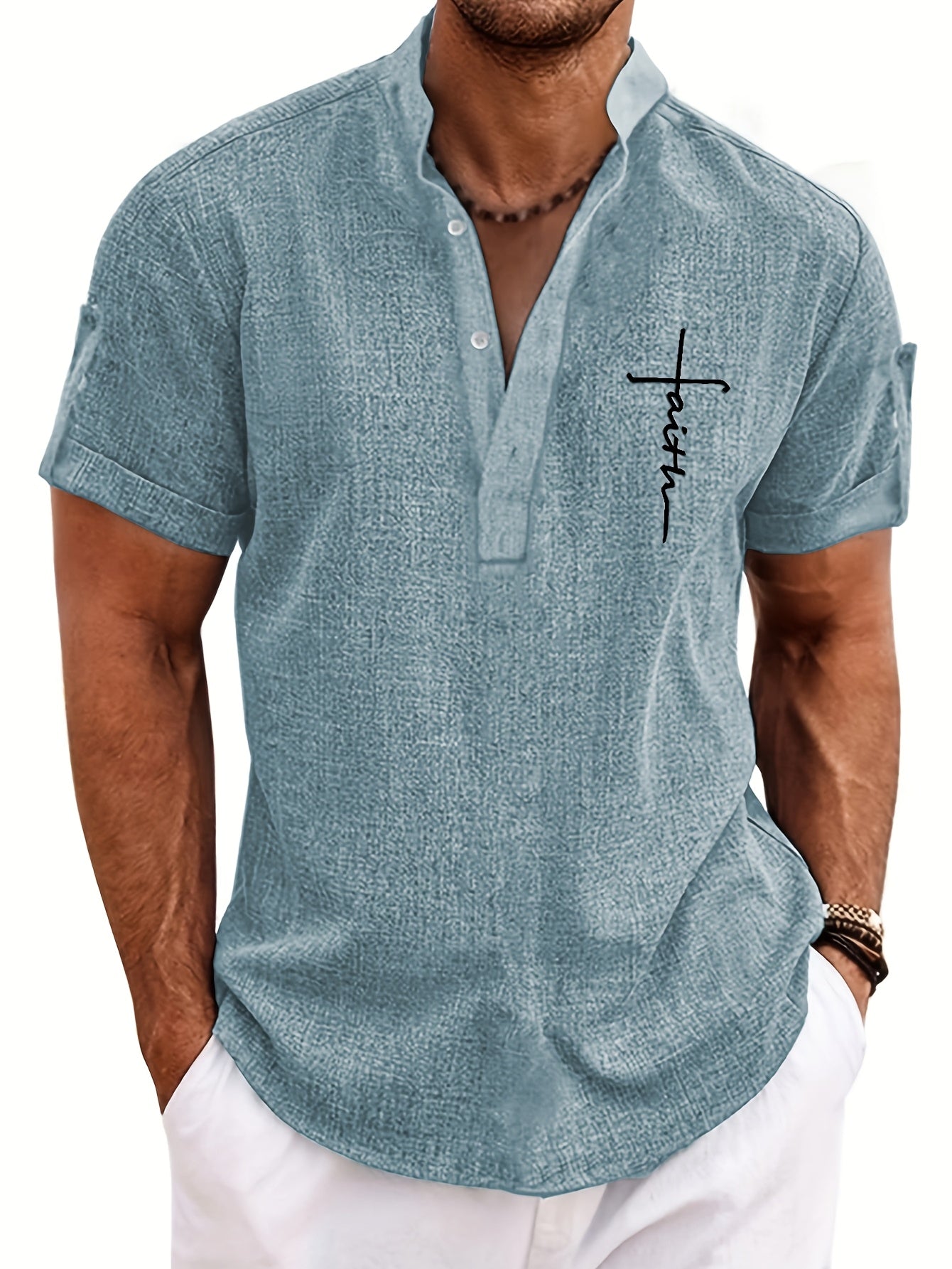 Men's Letter Print "FAITH" Short Sleeve Stand Collar Henley Shirt, Casual And Chic Tops For Summer Business And Outdoors Leisurewear - SeviSa