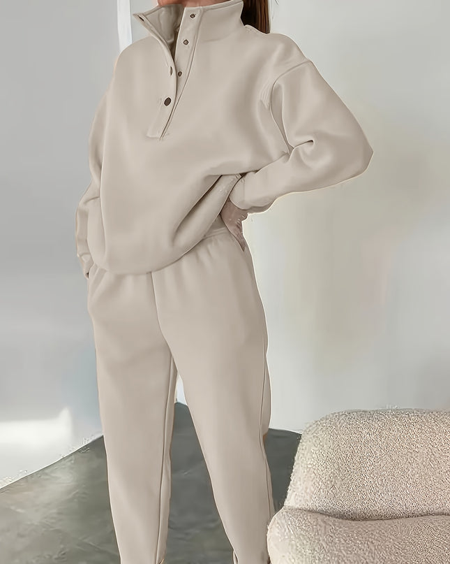 BK0710081 Women'S Casual Fashion Half Open Button Hoodie Sweater Two-Piece Set. Autumn and Winter Warmth, Leisure