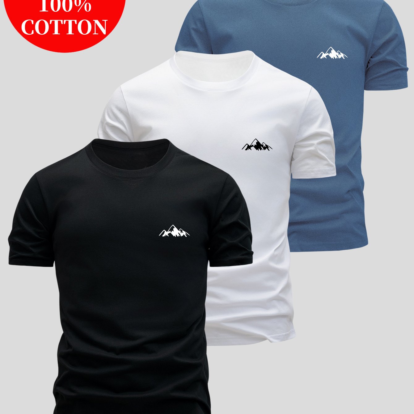 3pcs Men's 100% Cotton Slim Fit T-Shirts - Soft Breathable Short Sleeve Crew Neck Tees with Minimalist Letter Print, Black/White/Navy Blue for Summer Casual Wear, Everyday Comfort, Skinfriendly Fabric - SeviSa