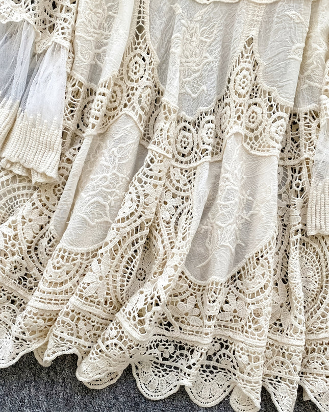 Women's Bohemian Vintage Lace- Dress - Long Sleeve A-Line Midi Dress with Crochet Cut-Out Details, Semi-Sheer Round Neck Boho Dress for Casual & Formal Occasions, Cute Dresses, Special Occasion Wear, Intricate Crochet Design - SeviSa