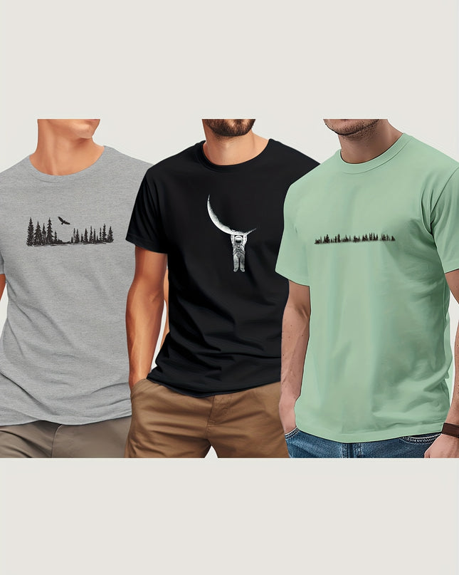 3pcs Men'S 180GSM Cotton Short Sleeve T-Shirts - Regular Fit Round Neck with Bold Skull & Fishbone Print - SeviSa