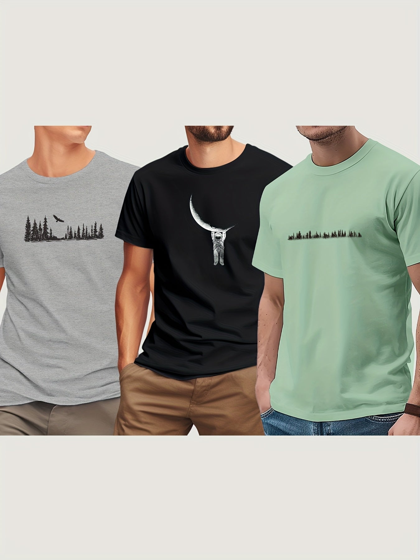 3pcs Men'S 180GSM Cotton Short Sleeve T-Shirts - Regular Fit Round Neck with Bold Skull & Fishbone Print - SeviSa