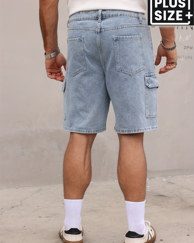 Men's Relaxed Fit Denim Cargo Shorts with Elastic Waistband & Side Pockets - Machine Washable Casual Workwear Style, Solid Color Loose Comfort for Casual Attire, Denim Shorts, Outdoor Activities, Utility Style, Sturdy Constru - SeviSa