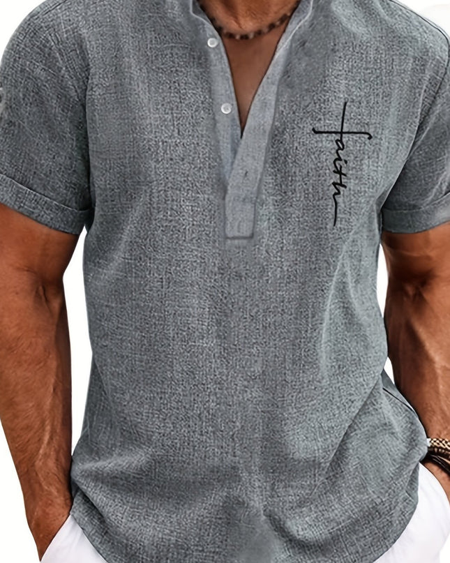Men's Letter Print "FAITH" Short Sleeve Stand Collar Henley Shirt, Casual And Chic Tops For Summer Business And Outdoors Leisurewear - SeviSa