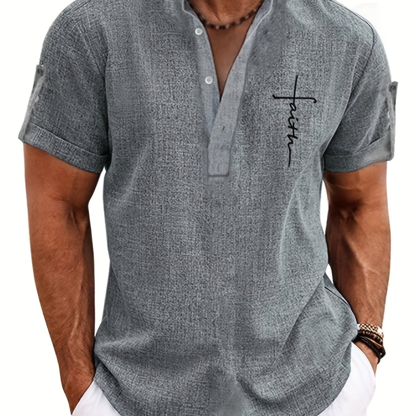 Men's Letter Print "FAITH" Short Sleeve Stand Collar Henley Shirt, Casual And Chic Tops For Summer Business And Outdoors Leisurewear - SeviSa