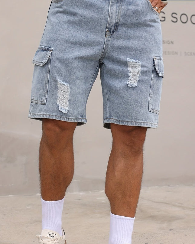 Men's Relaxed Fit Denim Cargo Shorts with Elastic Waistband & Side Pockets - Machine Washable Casual Workwear Style, Solid Color Loose Comfort for Casual Attire, Denim Shorts, Outdoor Activities, Utility Style, Sturdy Constru - SeviSa