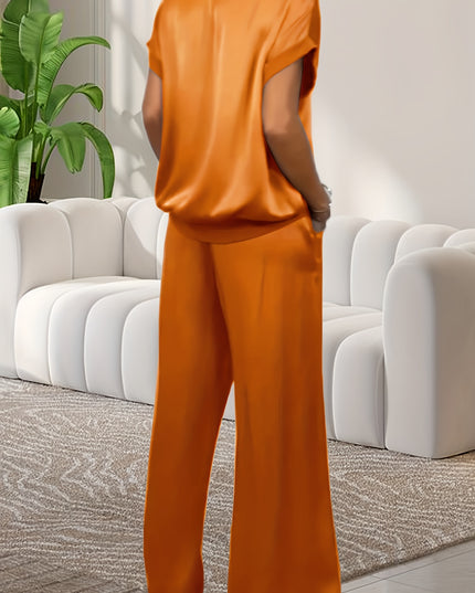 Women'S Elegant Lavender Polyester Pajama Set - Short Sleeve, Round Neck, Wide Leg Pants with Pockets, Perfect for Spring/Summer Home Wear, Relaxed Fit Pajamas|Elegant Pajama Set|Polyester Fabric