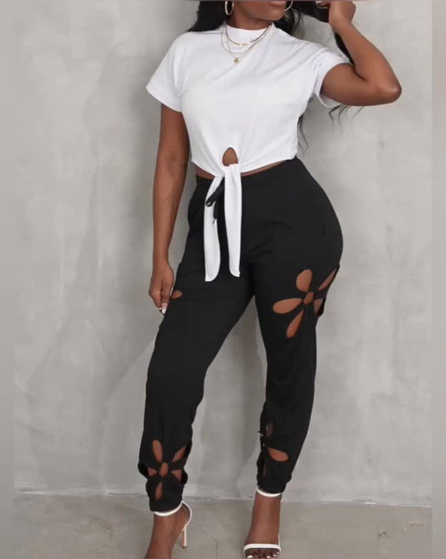 Casual Solid Two-piece Set, Short Sleeve Tie Front T-shirt & Cut Out Clover High Waist Pants Outfits, Women's Clothing