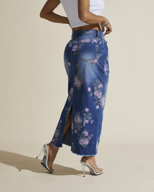 Floral Print Elegant Vintage Style Split Hem Whiskering Maxi Denim Skirt, Women's Denim Jeans & Clothing - SeviSa