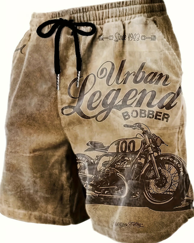 Men's Retro Motorcycle Print Shorts | Urban Legend Bobber | Vintage Biker Graphic | Polyester with Drawstring Waistband | Machine Washable | Casual Summer Wear, Motorcycle Apparel | Retro Bobber Design | Smooth Texture Fabric - SeviSa