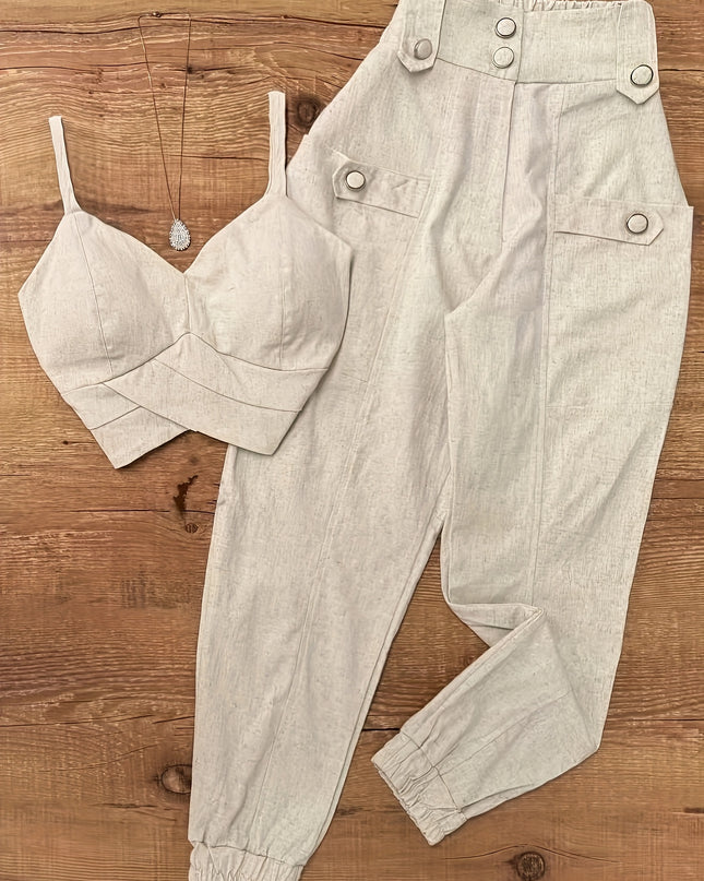 Elegant Beige Sleeveless Top & Button- Pants Set - Chic V-Neck, Long Sleeveless Shirt with Ruffled Detail, High-Waisted Wide-Leg Pants, Perfect for Casual or Office Wear, Casual Attire|Ruffled Detail Top|Button Detail Pants