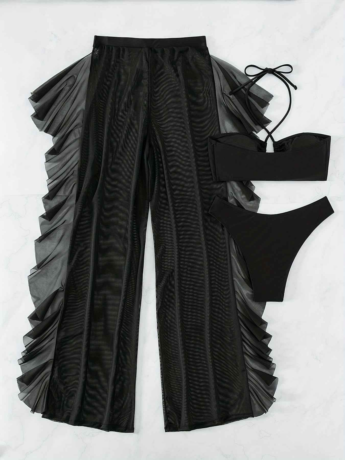 [Sexy Mesh Bikini] Three-piece Sexy Black Mesh Bikini Swimsuit Women's Pure Fashion Gathered Cross-Band Panty