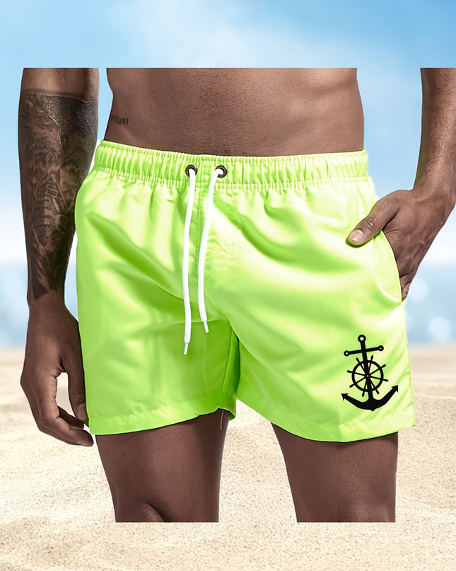 Men's Quick-Dry Swim Shorts - Navy Blue Board Shorts with Anchor design, Elastic Drawstring Waist - Lightweight Beach Swim Trunks for Surfing, Swimming, Gym, Vacation - Fast-Drying Quick Suit for Ocean & Pool Activities, Swim - SeviSa