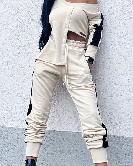 1set Elegant Women'S Polyester Knit Fabric Patchwork Outfit - One Shoulder V-Neck Long Sleeve Top with Irregular Design and Drawstring Pants with Pockets - All-Season Casual Wear