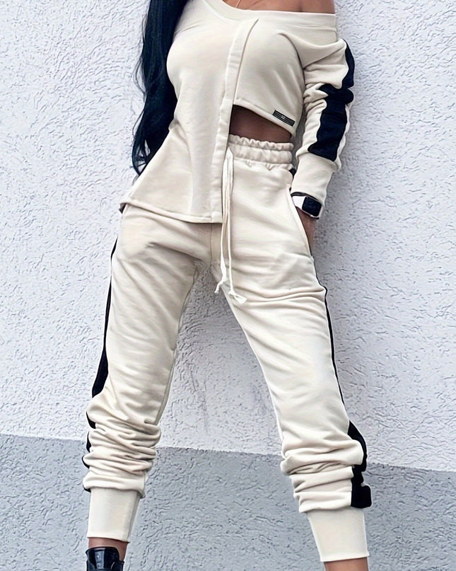 1set Elegant Women'S Polyester Knit Fabric Patchwork Outfit - One Shoulder V-Neck Long Sleeve Top with Irregular Design and Drawstring Pants with Pockets - All-Season Casual Wear