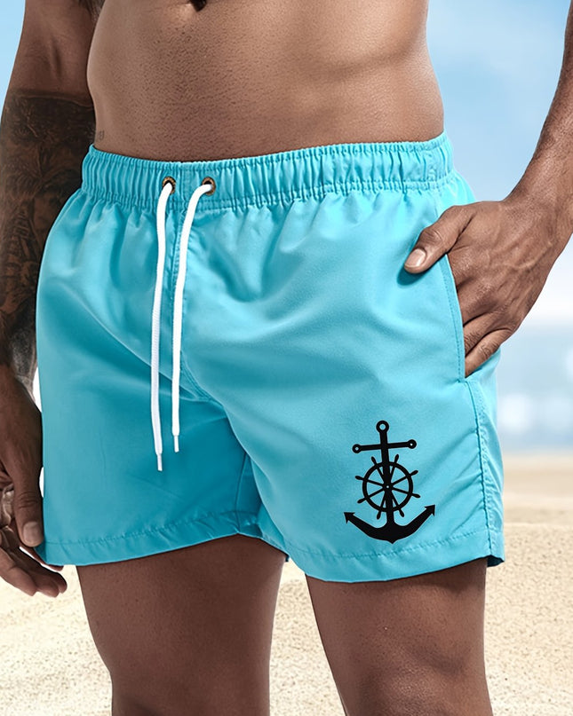 Men's Quick-Dry Swim Shorts - Navy Blue Board Shorts with Anchor design, Elastic Drawstring Waist - Lightweight Beach Swim Trunks for Surfing, Swimming, Gym, Vacation - Fast-Drying Quick Suit for Ocean & Pool Activities, Swim - SeviSa