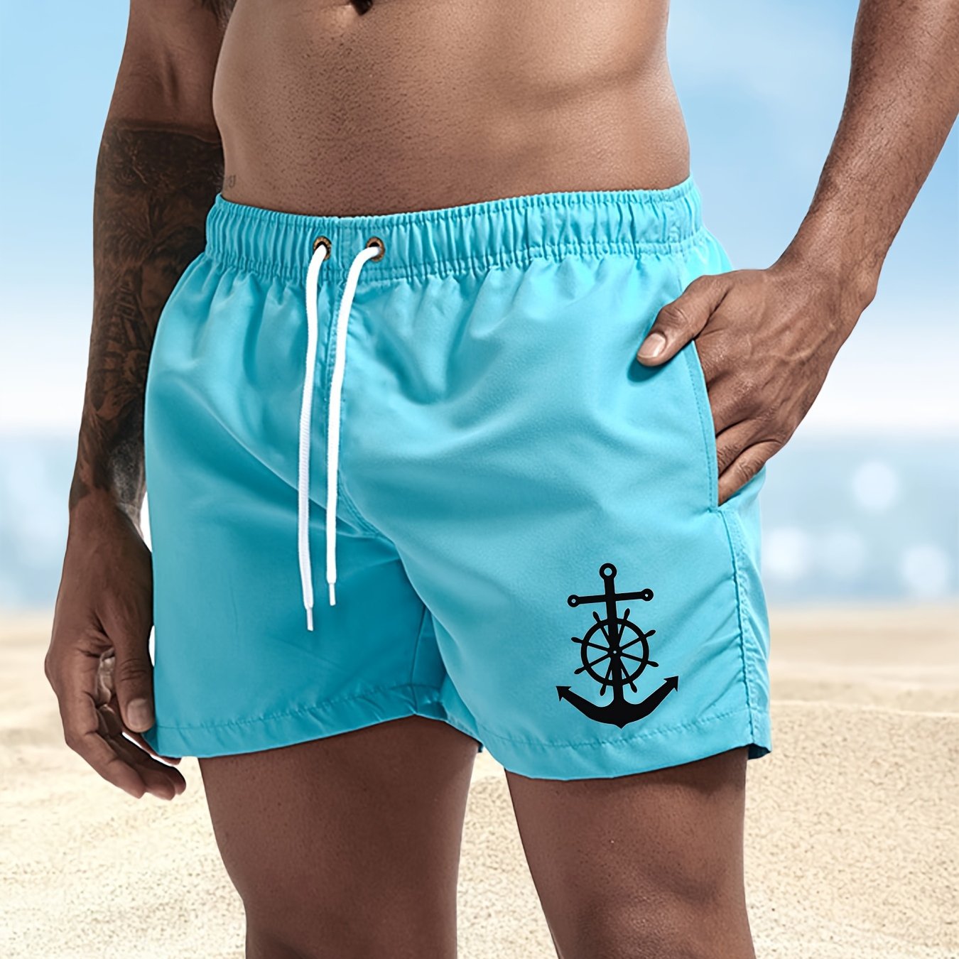 Men's Quick-Dry Swim Shorts - Navy Blue Board Shorts with Anchor design, Elastic Drawstring Waist - Lightweight Beach Swim Trunks for Surfing, Swimming, Gym, Vacation - Fast-Drying Quick Suit for Ocean & Pool Activities, Swim - SeviSa