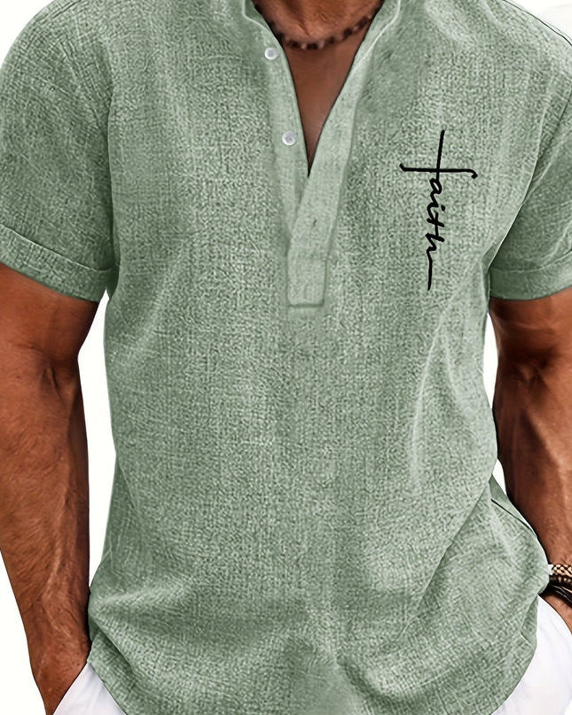 Men's Letter Print "FAITH" Short Sleeve Stand Collar Henley Shirt, Casual And Chic Tops For Summer Business And Outdoors Leisurewear - SeviSa