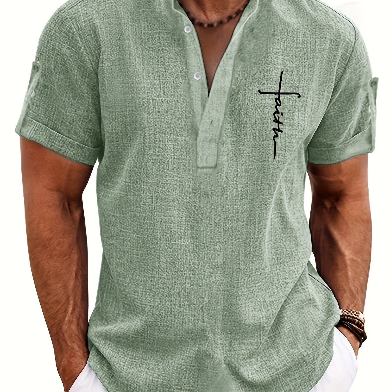 Men's Letter Print "FAITH" Short Sleeve Stand Collar Henley Shirt, Casual And Chic Tops For Summer Business And Outdoors Leisurewear - SeviSa