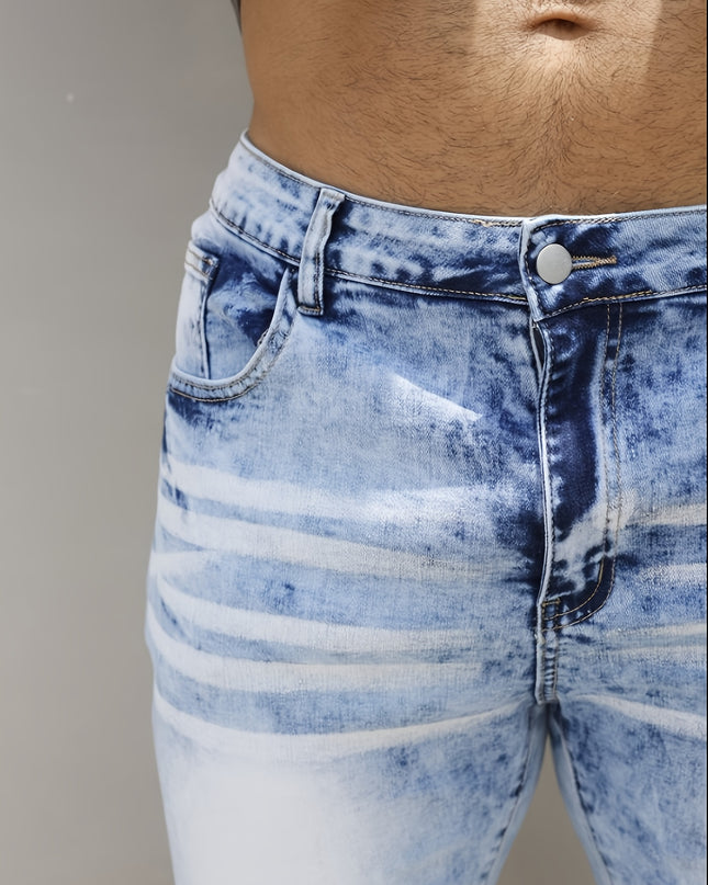 Plus Size Men's Heavy-Distressed Stretch Denim Shorts - Slim Fit Casual Summer Shorts with Pockets, Machine Washable, Blue & White Washed Design, Comfortable Wear, Durable Fabric, PLUS SIZE - SeviSa