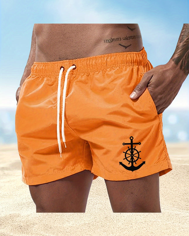 Men's Quick-Dry Swim Shorts - Navy Blue Board Shorts with Anchor design, Elastic Drawstring Waist - Lightweight Beach Swim Trunks for Surfing, Swimming, Gym, Vacation - Fast-Drying Quick Suit for Ocean & Pool Activities, Swim - SeviSa