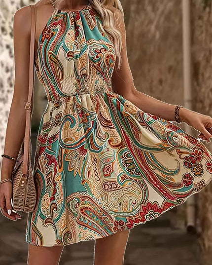Women's Paisley Print Halter Neck Dress with Adjustable Drawstring - Off-Shoulder Smocked Waist Summer Dress, Machine Washable Lightweight Elegant Casual to Formal Wear, Halter Dress, Evening Wear, Smocked Fabric, Nontranspar
