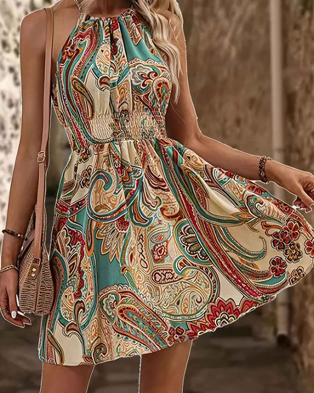 Women's Paisley Print Halter Neck Dress with Adjustable Drawstring - Off-Shoulder Smocked Waist Summer Dress, Machine Washable Lightweight Elegant Casual to Formal Wear, Halter Dress, Evening Wear, Smocked Fabric, Nontranspar