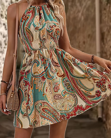 Women's Paisley Print Halter Neck Dress with Adjustable Drawstring - Off-Shoulder Smocked Waist Summer Dress, Machine Washable Lightweight Elegant Casual to Formal Wear, Halter Dress, Evening Wear, Smocked Fabric, Nontranspar - SeviSa