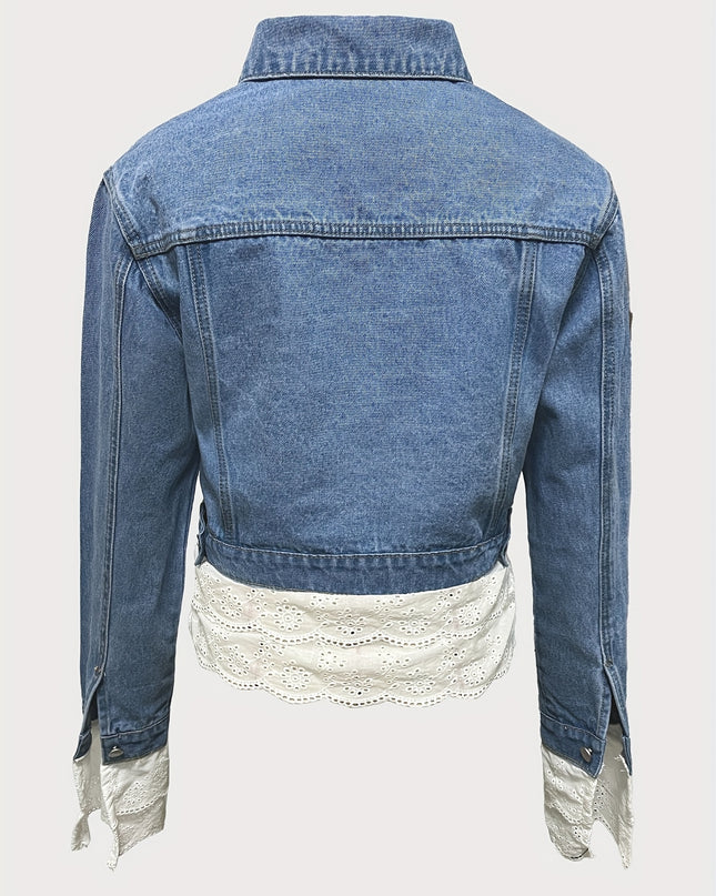 Women's Elegant Light Blue Denim Jacket with Contrast Lace Trim, Flap Pockets, and Button-Up Front - Stylish Long Sleeve Outerwear for Spring/Fall, Spring Outerwear | Buttonup Jacket | Polyester Denim - SeviSa