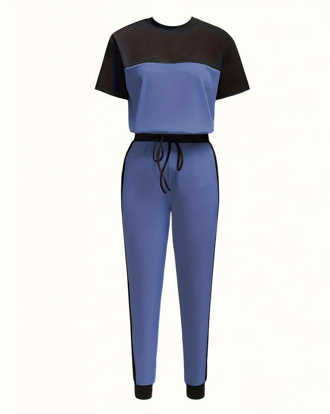 Casual Color Block Short Sleeve Round Neck T-Shirt and Long Pants Two-Piece Set
