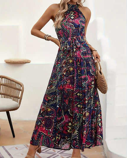 Elegant Bohemian Maxi Dress with Lace-Up Detail - High-Waisted, Sleeveless, Floral Print, Light Brown and Blue, Perfect for Adult Women, All-Season Versatile, Adult Women'S Dress|Floral Print Dress|Laceup Detail - SeviSa