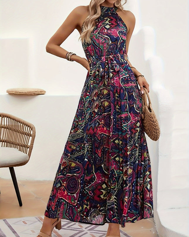 Elegant Bohemian Maxi Dress with Lace-Up Detail - High-Waisted, Sleeveless, Floral Print, Light Brown and Blue, Perfect for Adult Women, All-Season Versatile, Adult Women'S Dress|Floral Print Dress|Laceup Detail - SeviSa