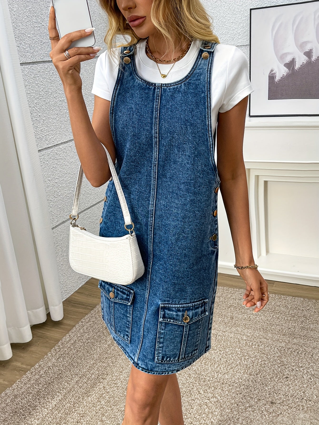 Morin Women's Elegant Denim Overalls Dress - Sleeveless A-Line Mini Skirt with Front Pockets, Button Closure, and Adjustable Straps, Light Blue Cotton for Spring/Summer/Fall - SeviSa