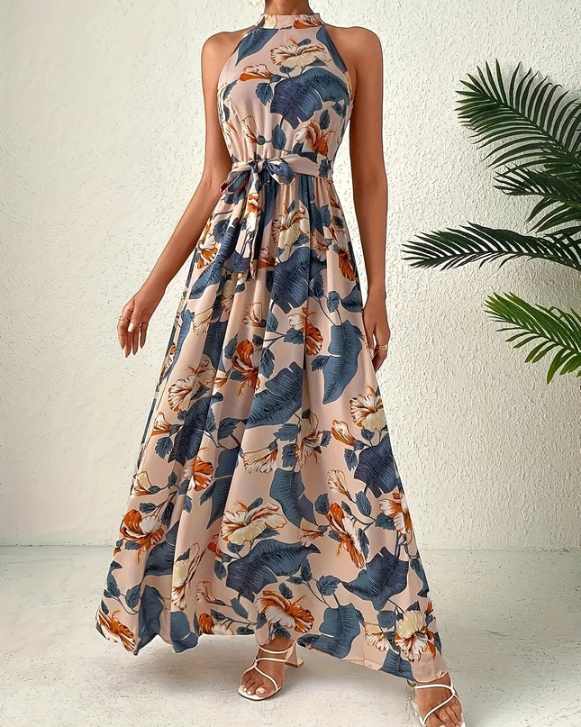Elegant Bohemian Maxi Dress with Lace-Up Detail - High-Waisted, Sleeveless, Floral Print, Light Brown and Blue, Perfect for Adult Women, All-Season Versatile, Adult Women'S Dress|Floral Print Dress|Laceup Detail - SeviSa