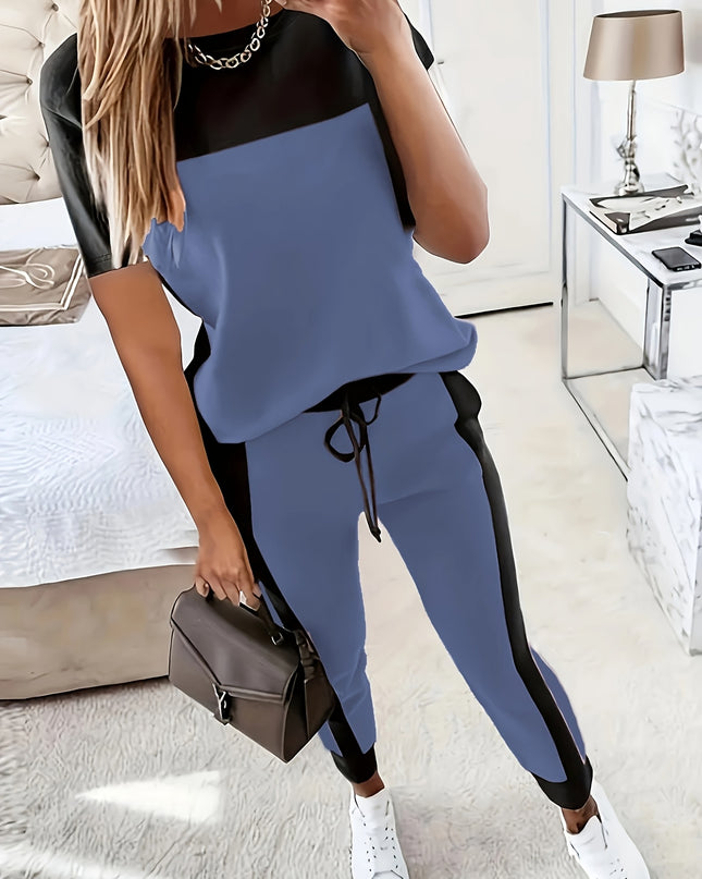 Casual Color Block Short Sleeve Round Neck T-Shirt and Long Pants Two-Piece Set