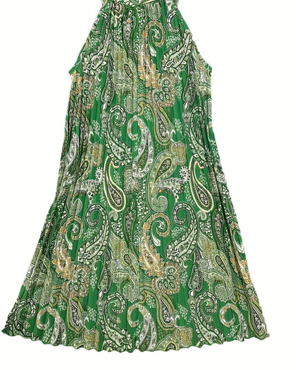 2024 European And American Summer New Geometric Pattern Printed Sleeveless Pleated Off-Shoulder Vacation Style Dress - SeviSa