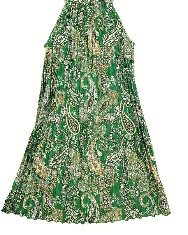 2024 European And American Summer New Geometric Pattern Printed Sleeveless Pleated Off-Shoulder Vacation Style Dress - SeviSa