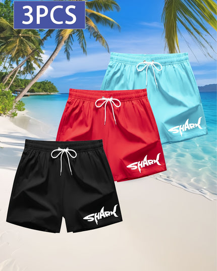 3pcs Men's Swim Trunks - Quick-Dry Beach Shorts with Adjustable Drawstring Waist, Shark Graphic Prints in Red, Black, Light Blue - Lightweight Swimwear for Surfing, Pool, Vacation - Non-Stretch Fabric for Board Sports Stabili - SeviSa