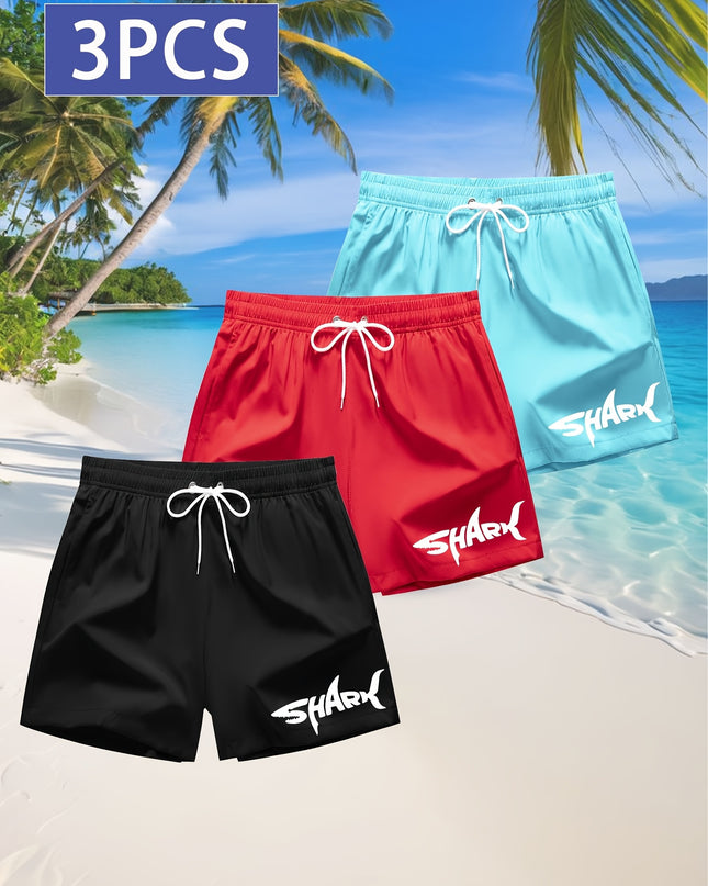 3pcs Men's Swim Trunks - Quick-Dry Beach Shorts with Adjustable Drawstring Waist, Shark Graphic Prints in Red, Black, Light Blue - Lightweight Swimwear for Surfing, Pool, Vacation - Non-Stretch Fabric for Board Sports Stabili - SeviSa