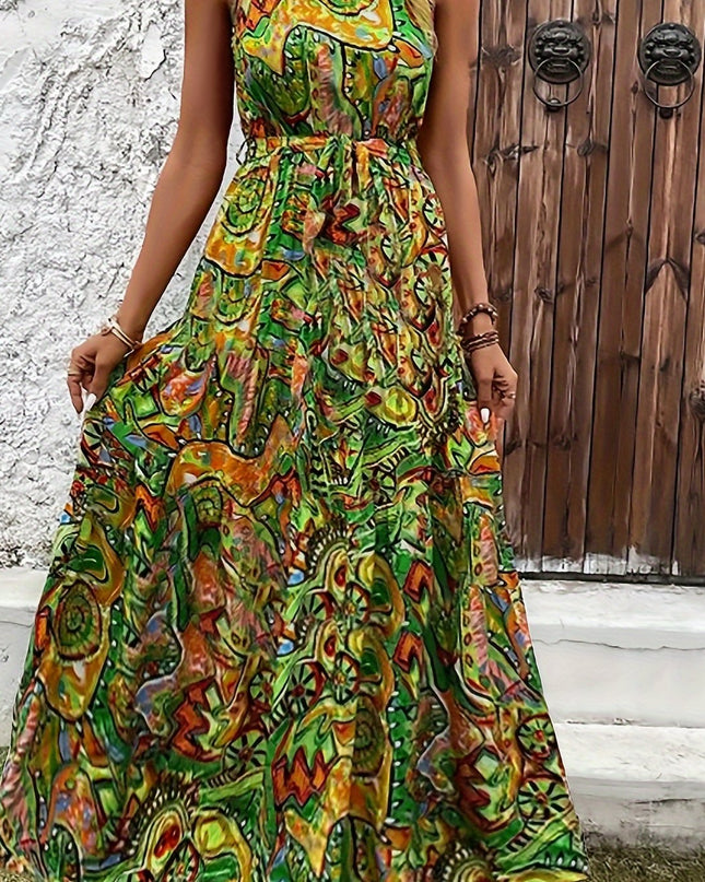 Elegant Bohemian Maxi Dress with Lace-Up Detail - High-Waisted, Sleeveless, Floral Print, Light Brown and Blue, Perfect for Adult Women, All-Season Versatile, Adult Women'S Dress|Floral Print Dress|Laceup Detail - SeviSa