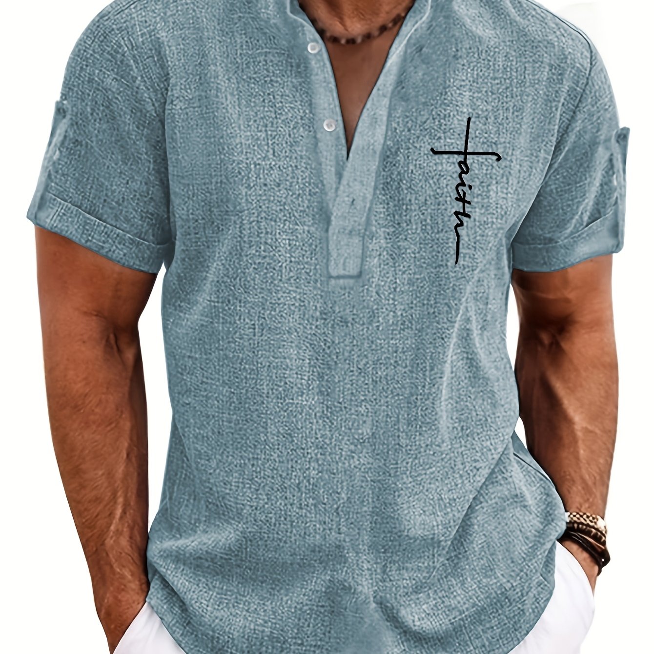 Men's Letter Print "FAITH" Short Sleeve Stand Collar Henley Shirt, Casual And Chic Tops For Summer Business And Outdoors Leisurewear - SeviSa