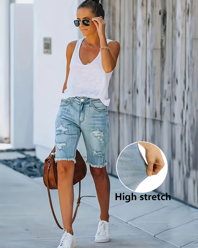 Women's 2025 Summer New Stretch Tummy Control Raw Hem Ripped Jean Shorts, Retro Light Blue Washed Slim Fit Mid-Length Fringe High Waist Denim Pants with Pockets, 90s Ladies' Clothing, Comfort Street Style Casual Pants Fit for - SeviSa