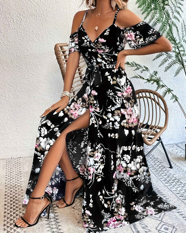 Elegant Floral Print V-Neck Maxi Dress with Tie-Waist and Ruffle Detail - Sleeveless, Flowy A-Line Skirt for Women, Perfect for Summer, Elegant Event Wear|Floral Print Dress|Polyester Fabric