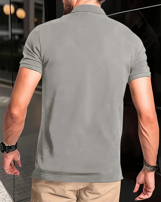 Men's Summer Short Sleeve T-Shirt - Lightweight Breathable Stand Collar Shirt with Button Detail, Solid Color Casual Sports Top for Business Casual & Outdoor Activities, Leisure Outing Apparel, Comfortable Fit Tee - SeviSa